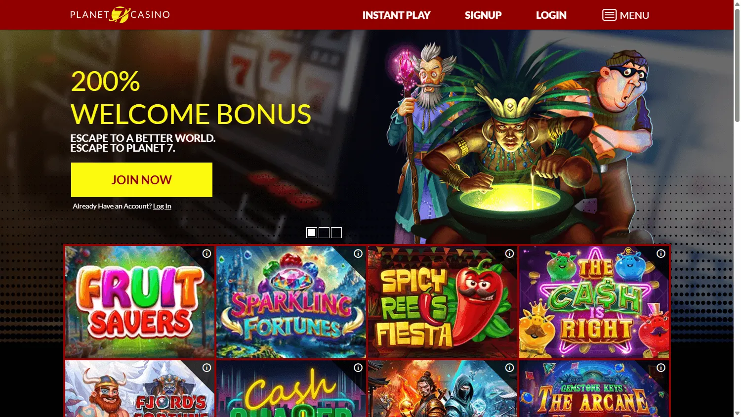 Planet 7 Oz Casino desktop home screen