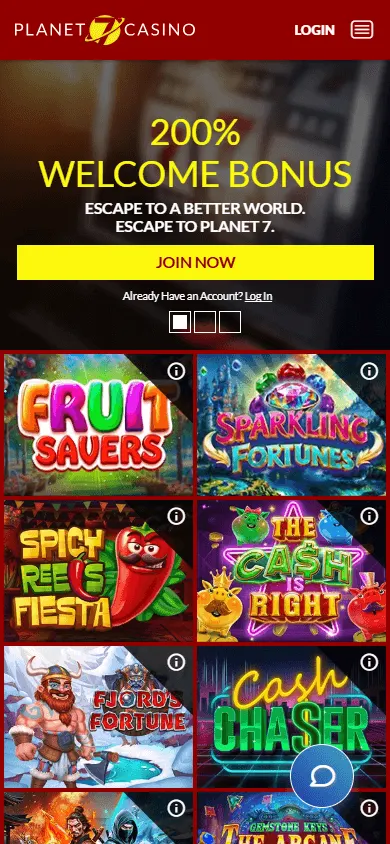 Planet 7 Oz Casino mobile home screen
